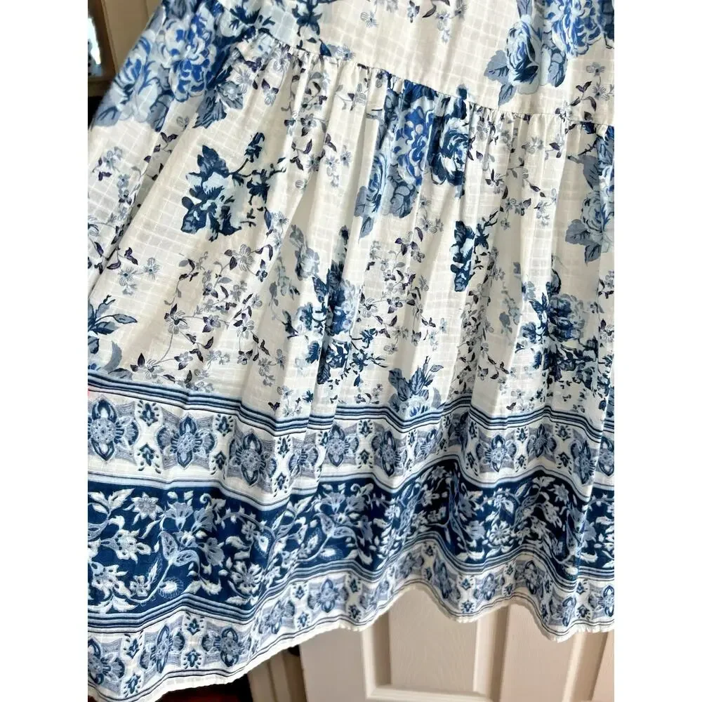 ZARA Women's 100% Cotton Blue White Floral Voluminous Tiered Maxi Skirt Sz XS-S